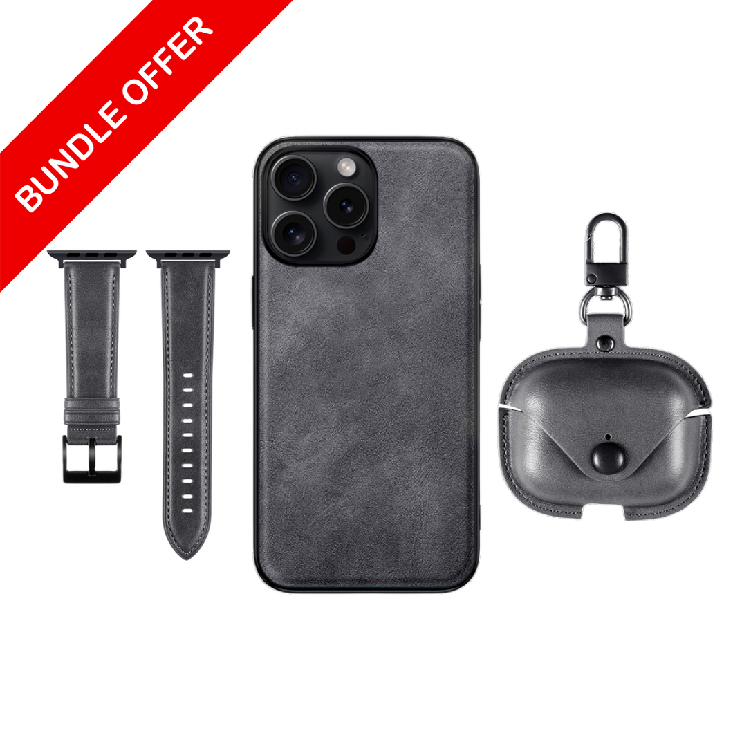 Grey Leather Set Of ( iPhone Case + Airpods Case + Apple Watch Strap )